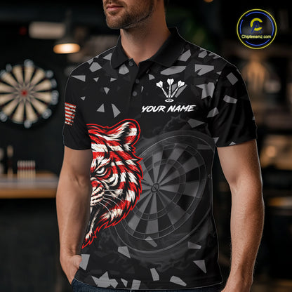 USA Flag Tiger Dartboard Custom Grunge Men Darts Polo 1/4-Zip Shirt Patriotic Darts Team Jersey NYN4958