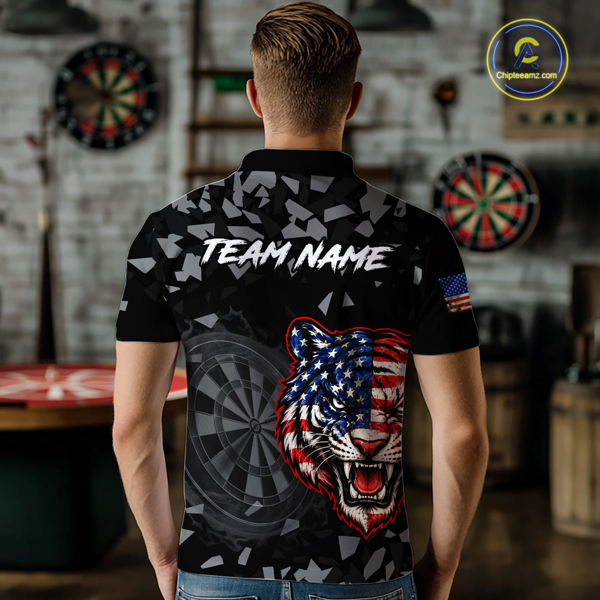 USA Flag Tiger Dartboard Custom Grunge Men Darts Polo 1/4-Zip Shirt Patriotic Darts Team Jersey NYN4958