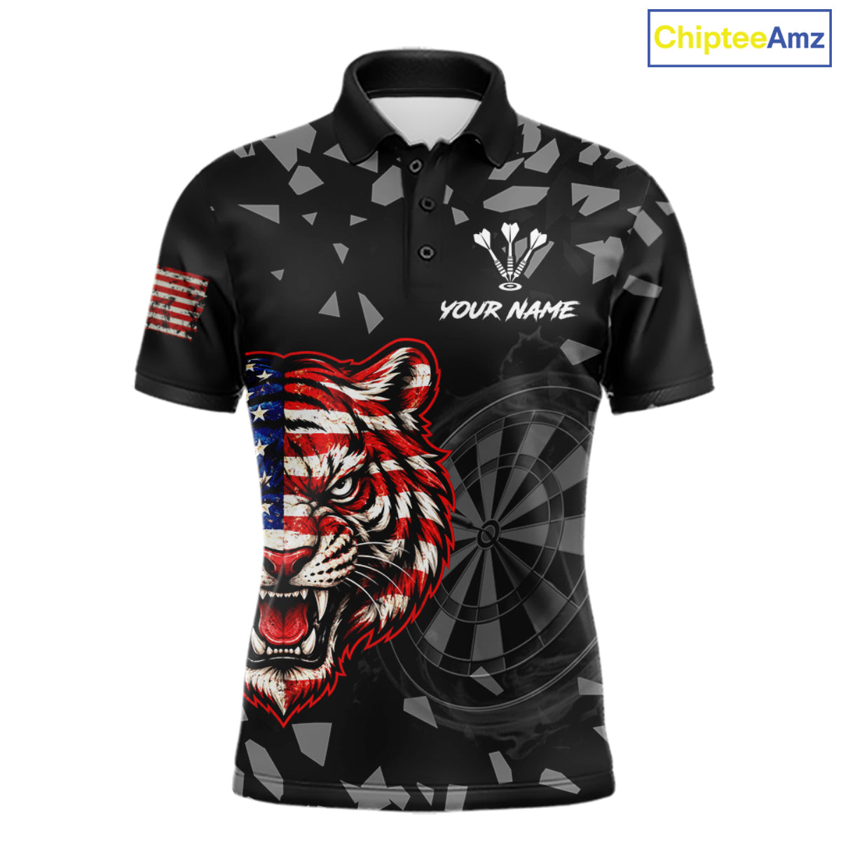 USA Flag Tiger Dartboard Custom Grunge Men Darts Polo 1/4-Zip Shirt Patriotic Darts Team Jersey NYN4958