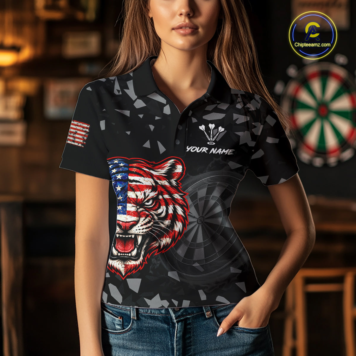 USA Flag Tiger Dartboard Custom Grunge Women Darts Polo 1/4-Zip Shirt Patriotic Darts Team Jersey NYN4958
