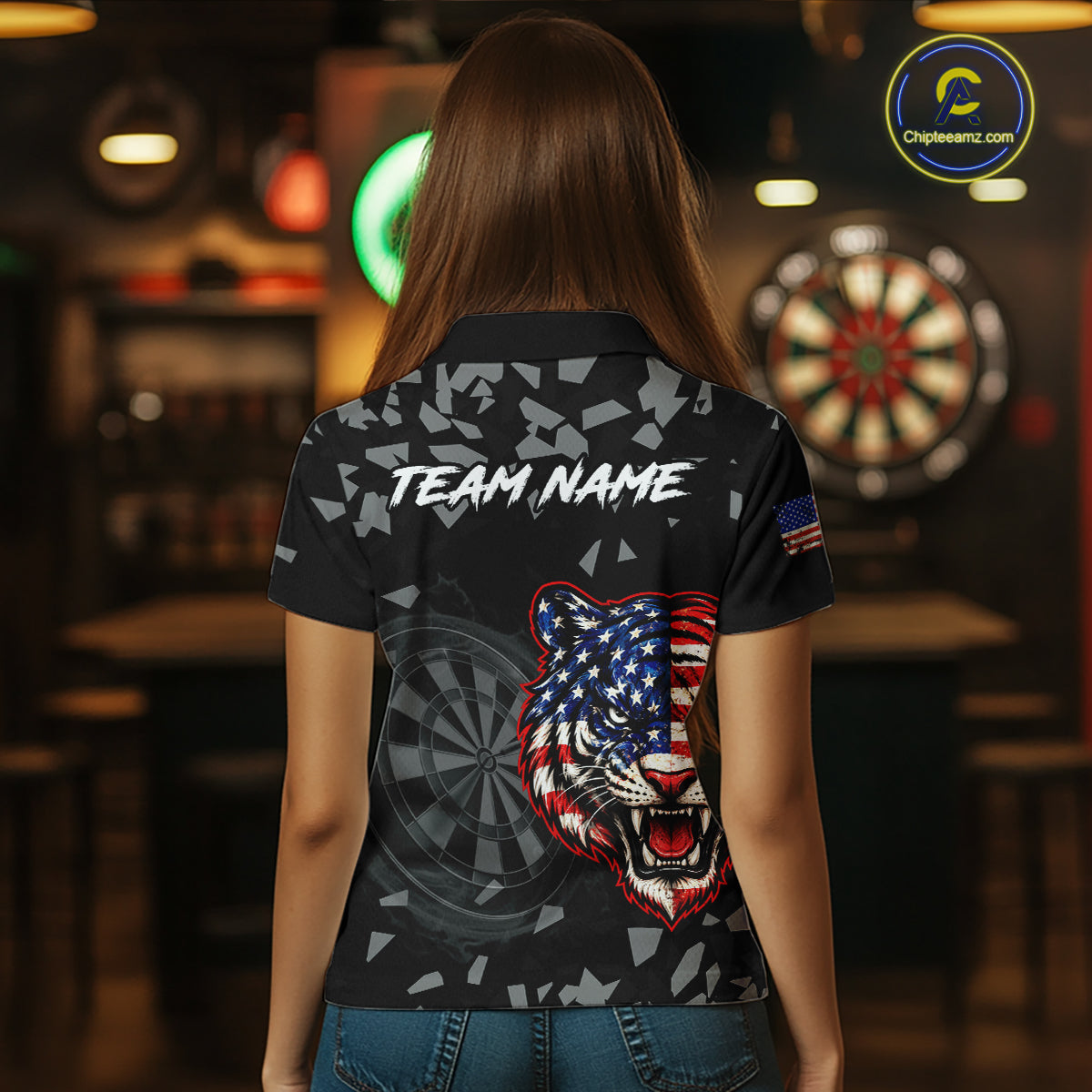 USA Flag Tiger Dartboard Custom Grunge Women Darts Polo 1/4-Zip Shirt Patriotic Darts Team Jersey NYN4958