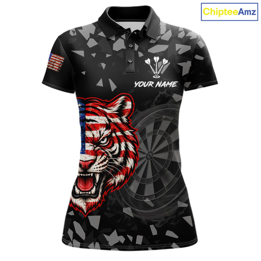 USA Flag Tiger Dartboard Custom Grunge Women Darts Polo 1/4-Zip Shirt Patriotic Darts Team Jersey NYN4958