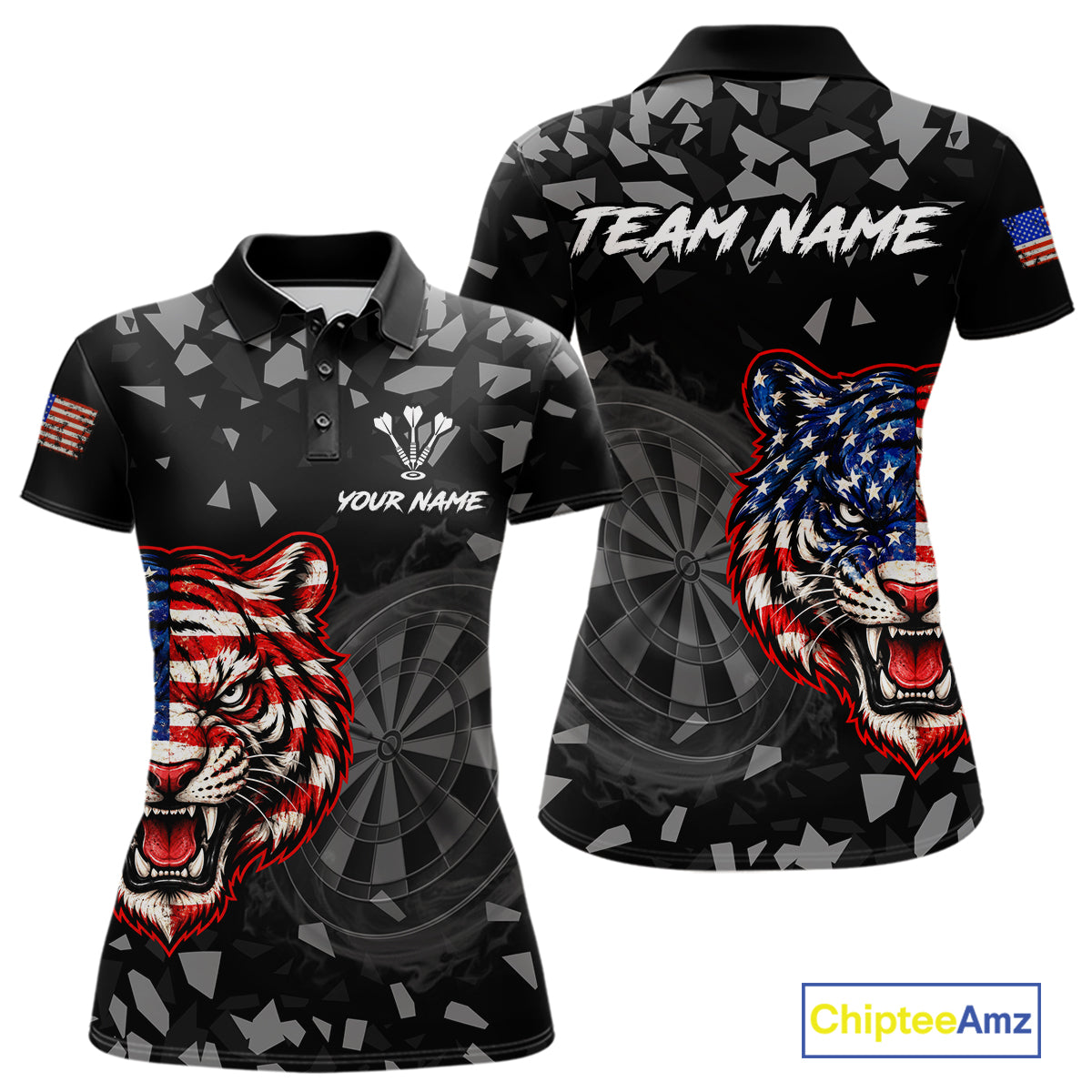 USA Flag Tiger Dartboard Custom Grunge Women Darts Polo 1/4-Zip Shirt Patriotic Darts Team Jersey NYN4958