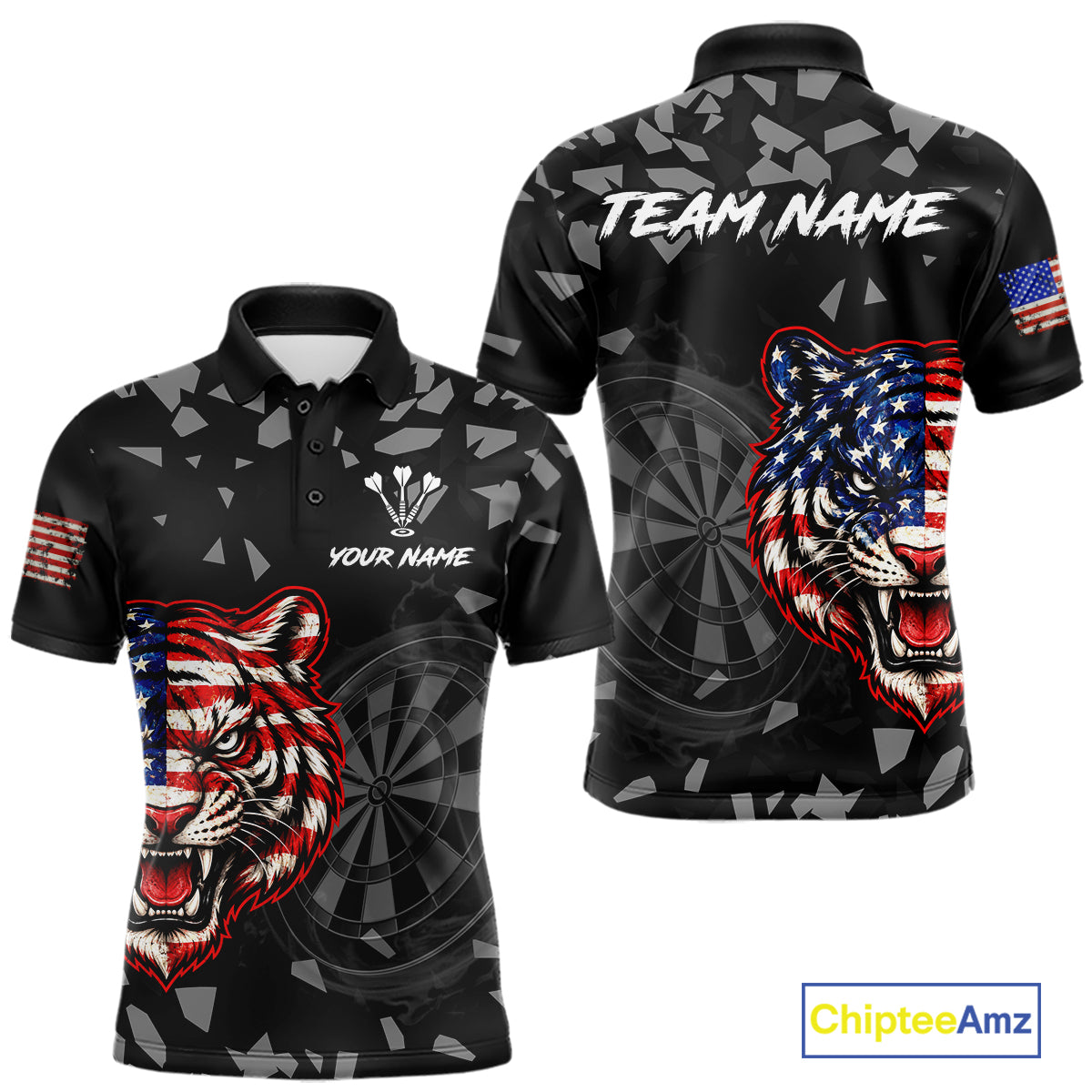 USA Flag Tiger Dartboard Custom Grunge Men Darts Polo 1/4-Zip Shirt Patriotic Darts Team Jersey NYN4958