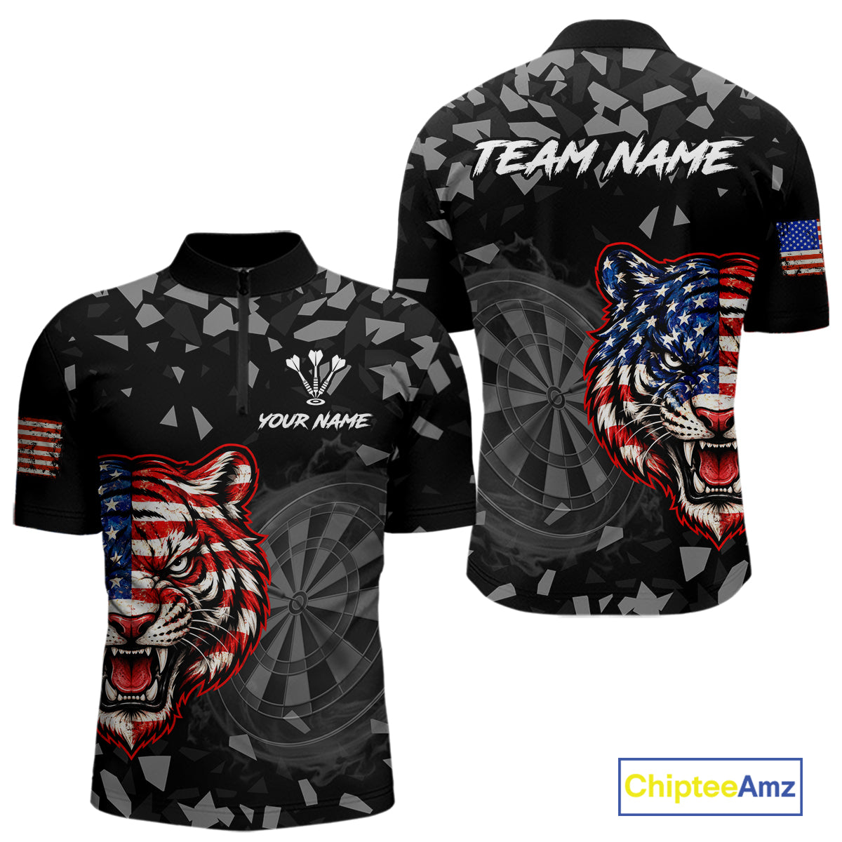 USA Flag Tiger Dartboard Custom Grunge Men Darts Polo 1/4-Zip Shirt Patriotic Darts Team Jersey NYN4958