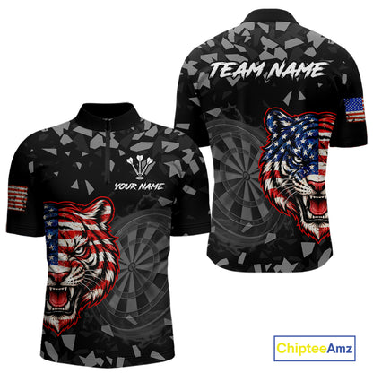 USA Flag Tiger Dartboard Custom Grunge Men Darts Polo 1/4-Zip Shirt Patriotic Darts Team Jersey NYN4958