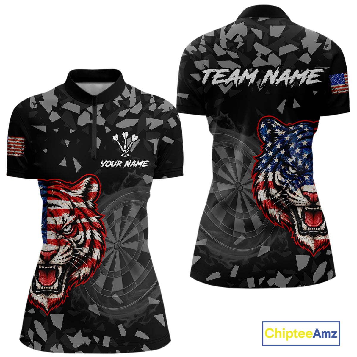 USA Flag Tiger Dartboard Custom Grunge Women Darts Polo 1/4-Zip Shirt Patriotic Darts Team Jersey NYN4958