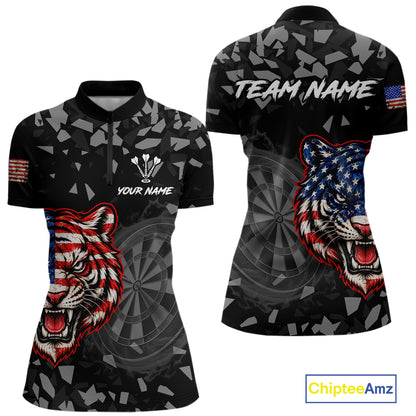 USA Flag Tiger Dartboard Custom Grunge Women Darts Polo 1/4-Zip Shirt Patriotic Darts Team Jersey NYN4958