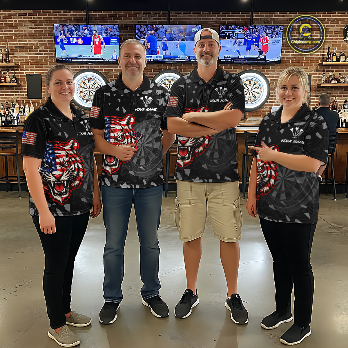 USA Flag Tiger Dartboard Custom Grunge Women Darts Polo 1/4-Zip Shirt Patriotic Darts Team Jersey NYN4958