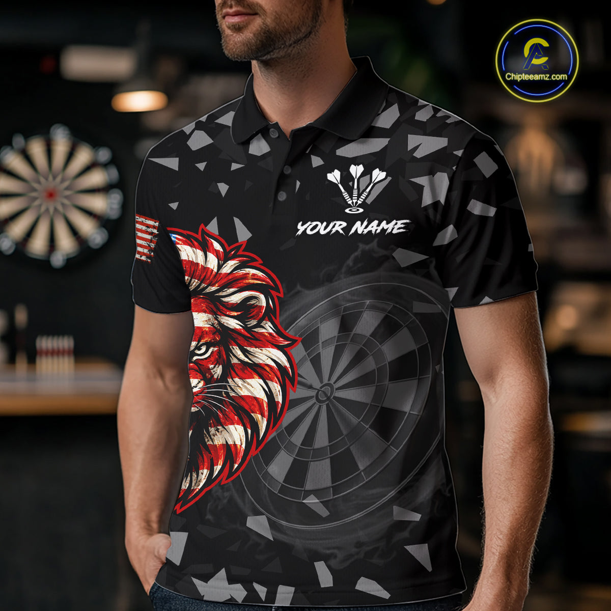 USA Flag Lion Dartboard Custom Grunge Men Darts Polo 1/4-Zip Shirt Patriotic Darts Team Jersey NYN4959