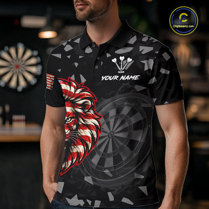 USA Flag Lion Dartboard Custom Grunge Men Darts Polo 1/4-Zip Shirt Patriotic Darts Team Jersey NYN4959