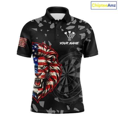 USA Flag Lion Dartboard Custom Grunge Men Darts Polo 1/4-Zip Shirt Patriotic Darts Team Jersey NYN4959