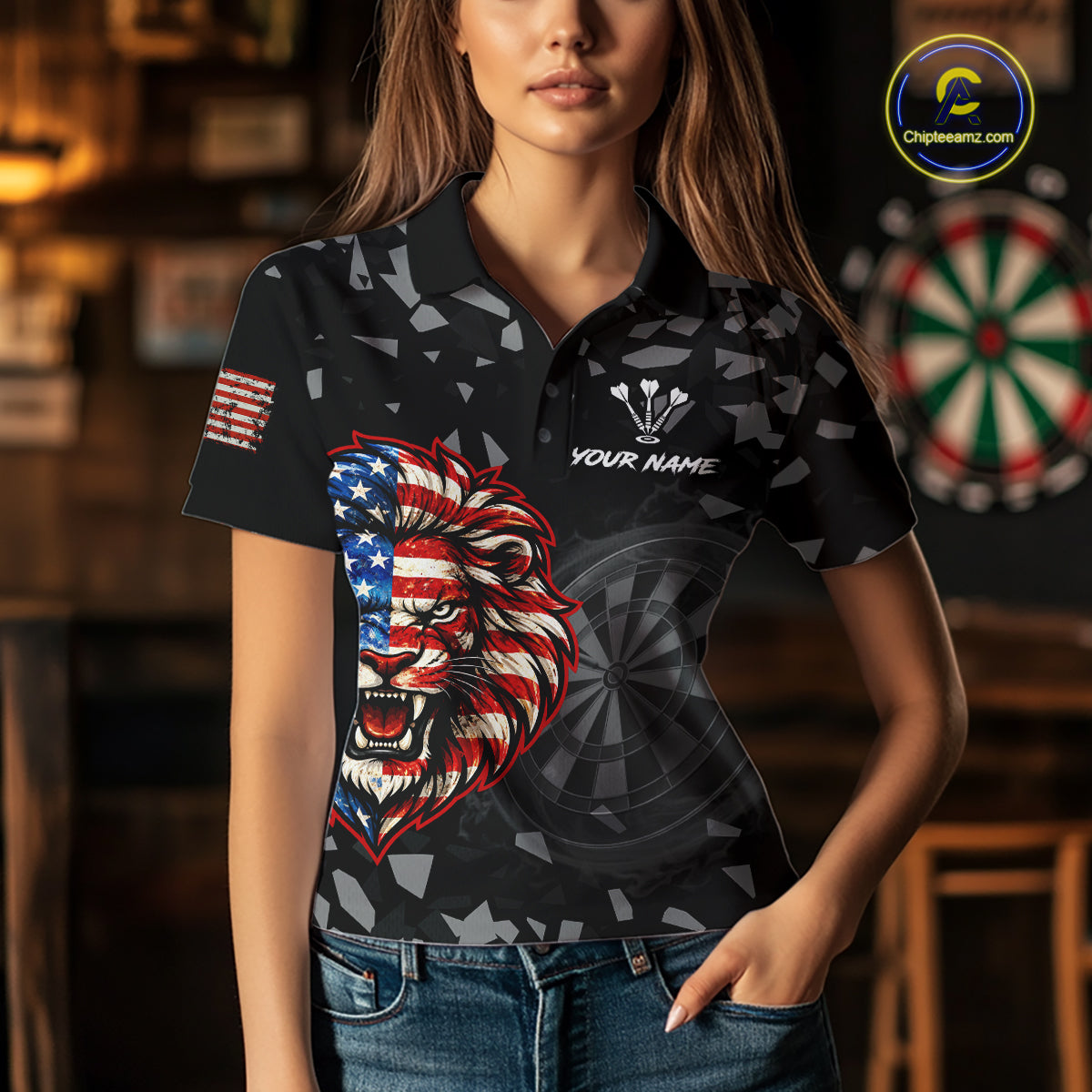 USA Flag Lion Dartboard Custom Grunge Women Darts Polo 1/4-Zip Shirt Patriotic Darts Team Jersey NYN4959