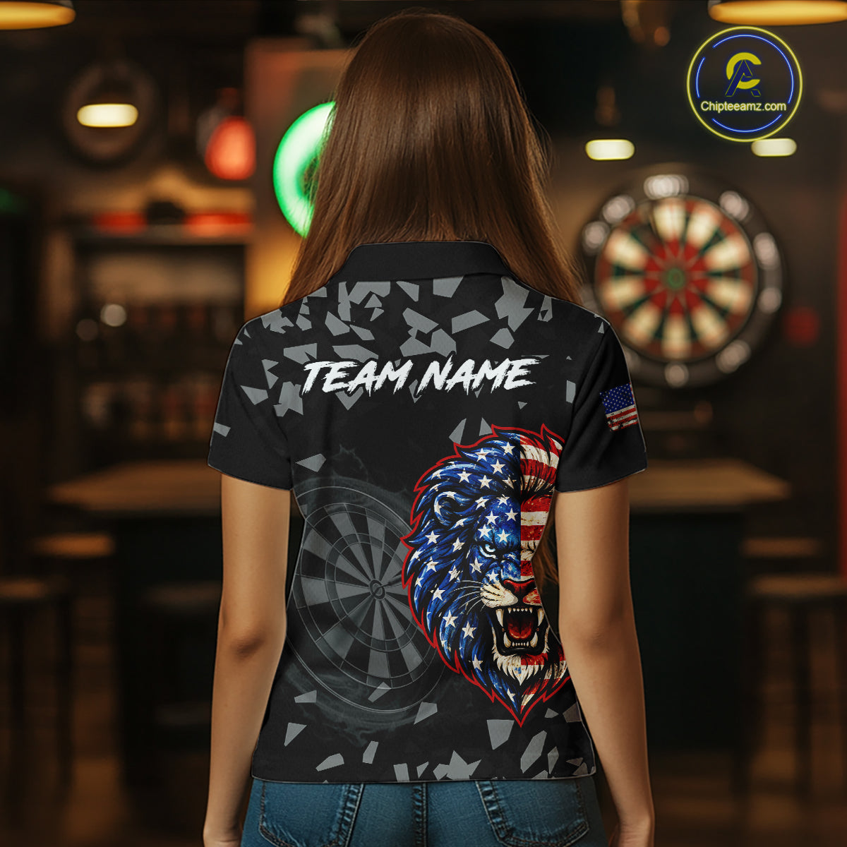 USA Flag Lion Dartboard Custom Grunge Women Darts Polo 1/4-Zip Shirt Patriotic Darts Team Jersey NYN4959