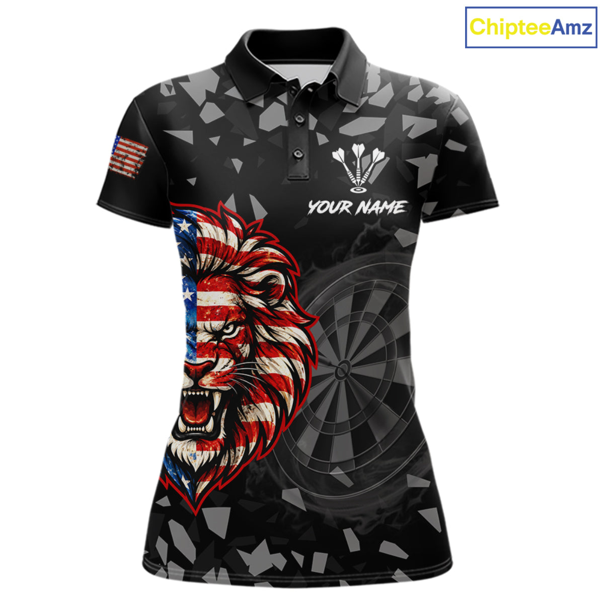 USA Flag Lion Dartboard Custom Grunge Women Darts Polo 1/4-Zip Shirt Patriotic Darts Team Jersey NYN4959