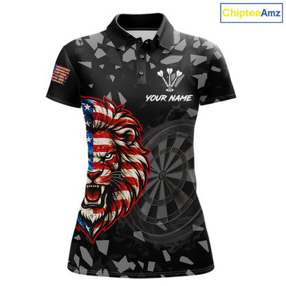 USA Flag Lion Dartboard Custom Grunge Women Darts Polo 1/4-Zip Shirt Patriotic Darts Team Jersey NYN4959