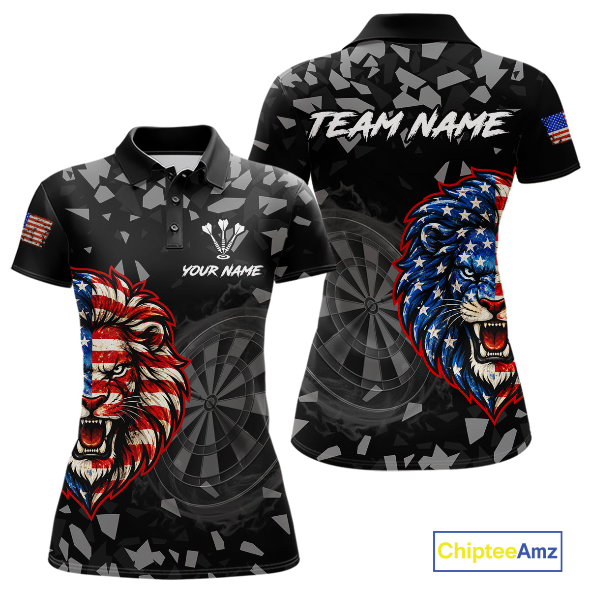 USA Flag Lion Dartboard Custom Grunge Women Darts Polo 1/4-Zip Shirt Patriotic Darts Team Jersey NYN4959