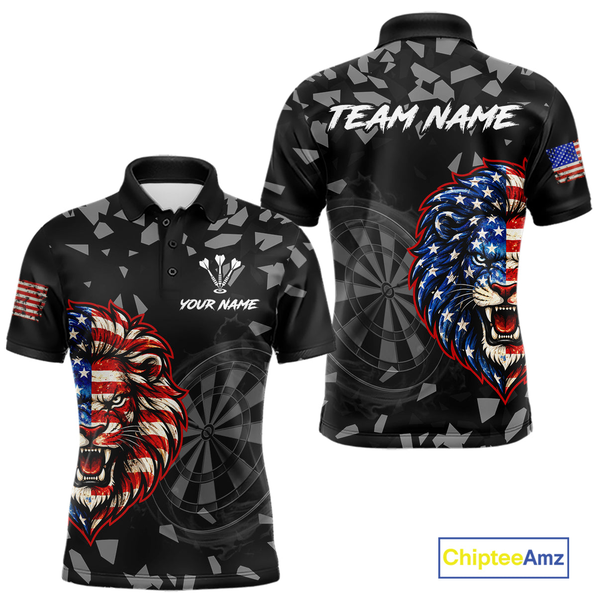 USA Flag Lion Dartboard Custom Grunge Men Darts Polo 1/4-Zip Shirt Patriotic Darts Team Jersey NYN4959