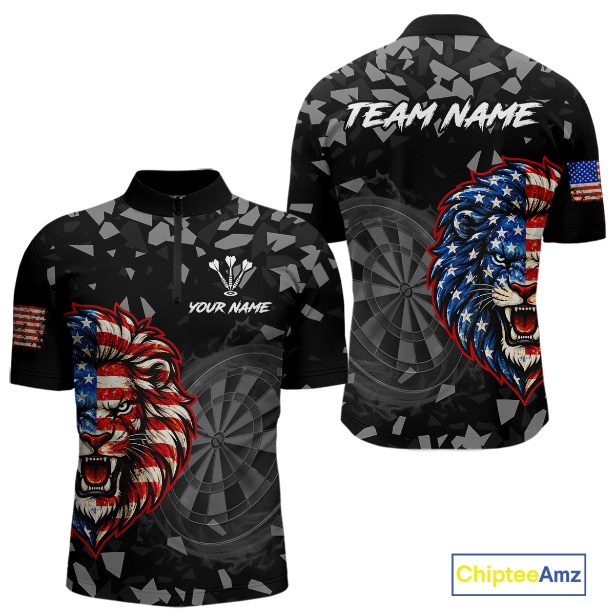 USA Flag Lion Dartboard Custom Grunge Men Darts Polo 1/4-Zip Shirt Patriotic Darts Team Jersey NYN4959