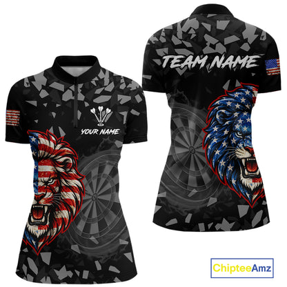 USA Flag Lion Dartboard Custom Grunge Women Darts Polo 1/4-Zip Shirt Patriotic Darts Team Jersey NYN4959