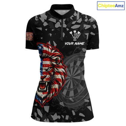 USA Flag Lion Dartboard Custom Grunge Women Darts Polo 1/4-Zip Shirt Patriotic Darts Team Jersey NYN4959