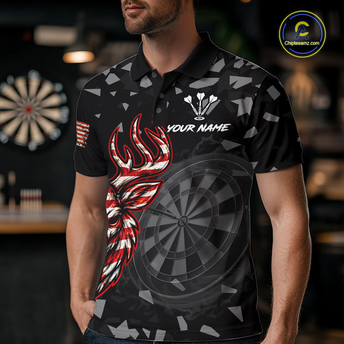 USA Flag Deer Dartboard Custom Grunge Men Darts Polo 1/4-Zip Shirt Patriotic Darts Team Jersey NYN4960