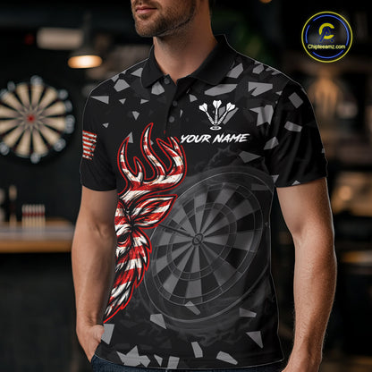 USA Flag Deer Dartboard Custom Grunge Men Darts Polo 1/4-Zip Shirt Patriotic Darts Team Jersey NYN4960