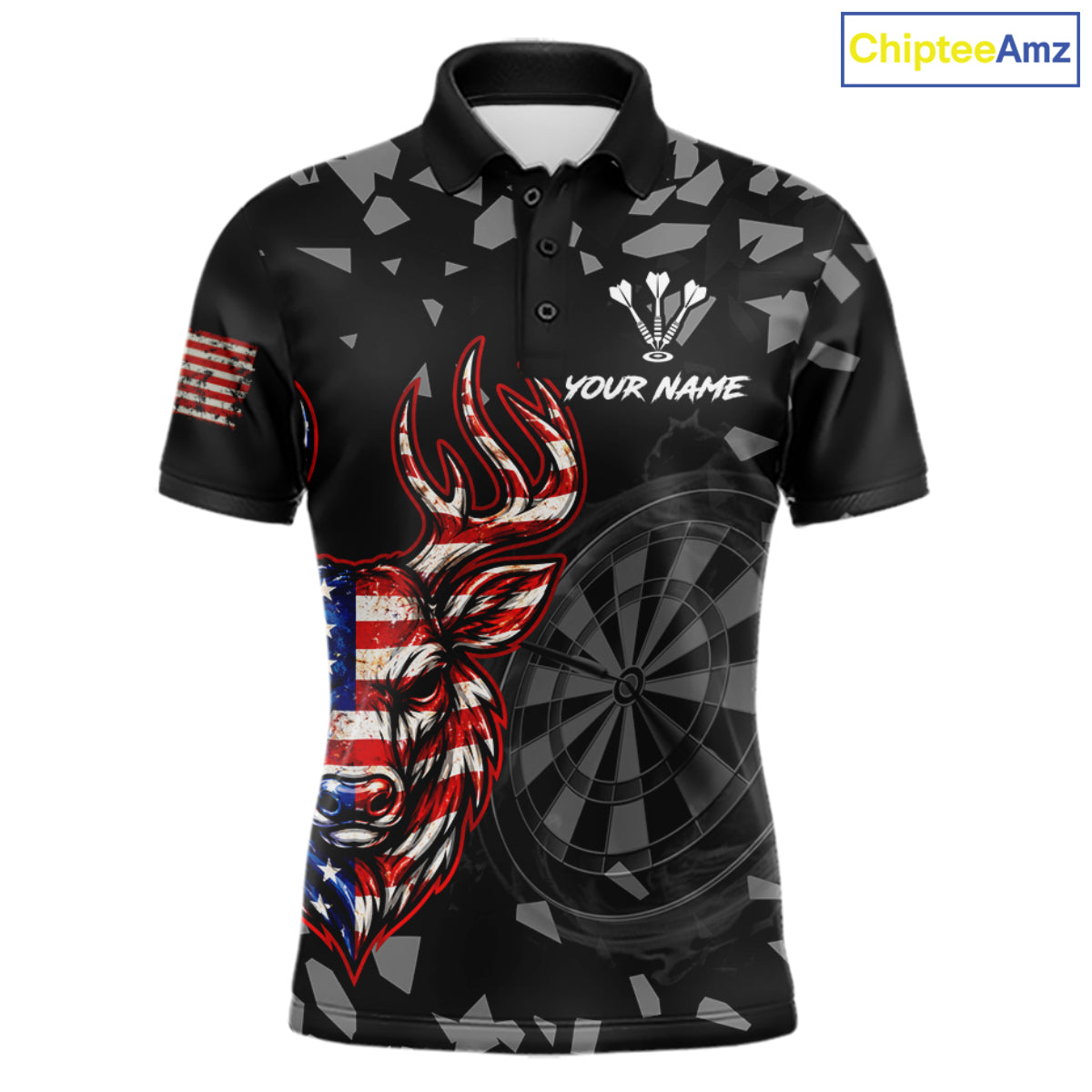 USA Flag Deer Dartboard Custom Grunge Men Darts Polo 1/4-Zip Shirt Patriotic Darts Team Jersey NYN4960
