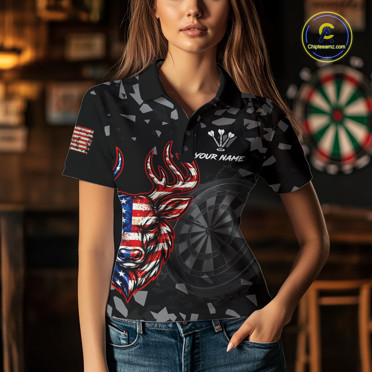 USA Flag Deer Dartboard Custom Grunge Women Darts Polo 1/4-Zip Shirt Patriotic Darts Team Jersey NYN4960