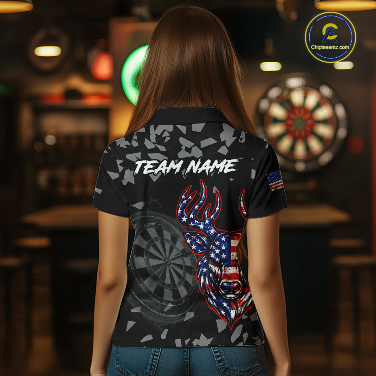 USA Flag Deer Dartboard Custom Grunge Women Darts Polo 1/4-Zip Shirt Patriotic Darts Team Jersey NYN4960