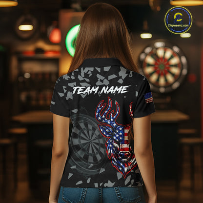 USA Flag Deer Dartboard Custom Grunge Women Darts Polo 1/4-Zip Shirt Patriotic Darts Team Jersey NYN4960