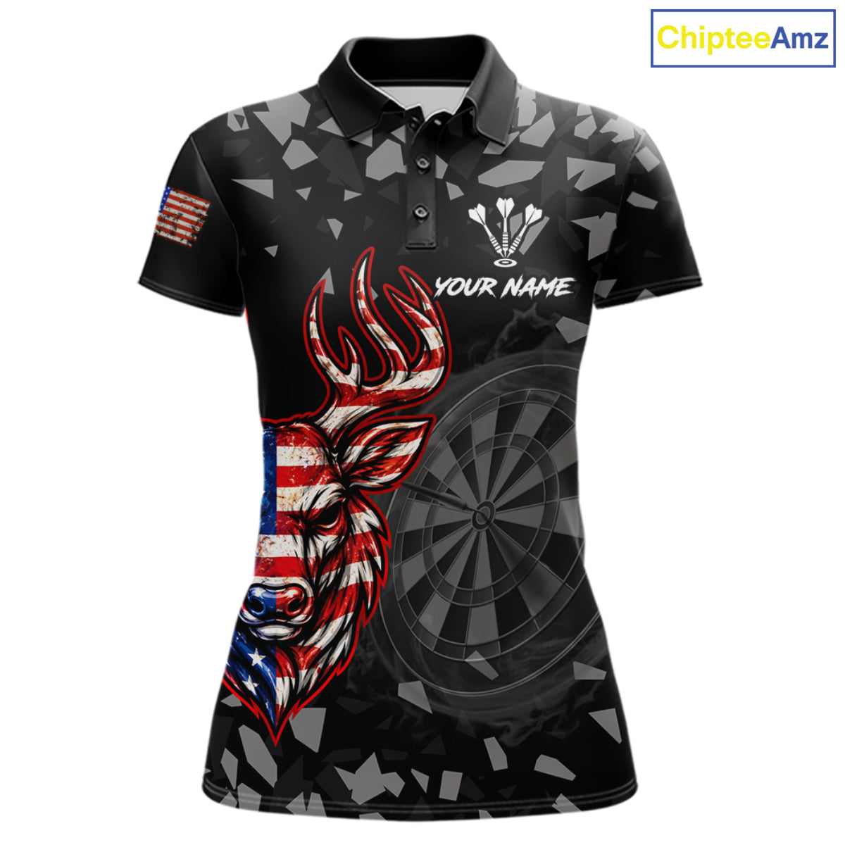 USA Flag Deer Dartboard Custom Grunge Women Darts Polo 1/4-Zip Shirt Patriotic Darts Team Jersey NYN4960