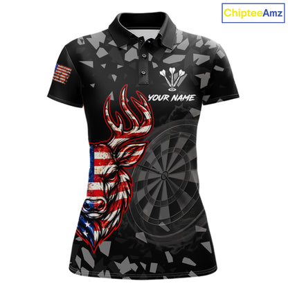 USA Flag Deer Dartboard Custom Grunge Women Darts Polo 1/4-Zip Shirt Patriotic Darts Team Jersey NYN4960