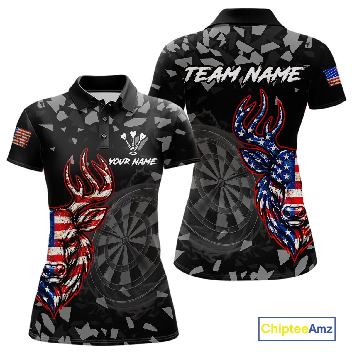 USA Flag Deer Dartboard Custom Grunge Women Darts Polo 1/4-Zip Shirt Patriotic Darts Team Jersey NYN4960