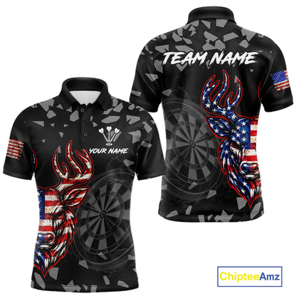 USA Flag Deer Dartboard Custom Grunge Men Darts Polo 1/4-Zip Shirt Patriotic Darts Team Jersey NYN4960