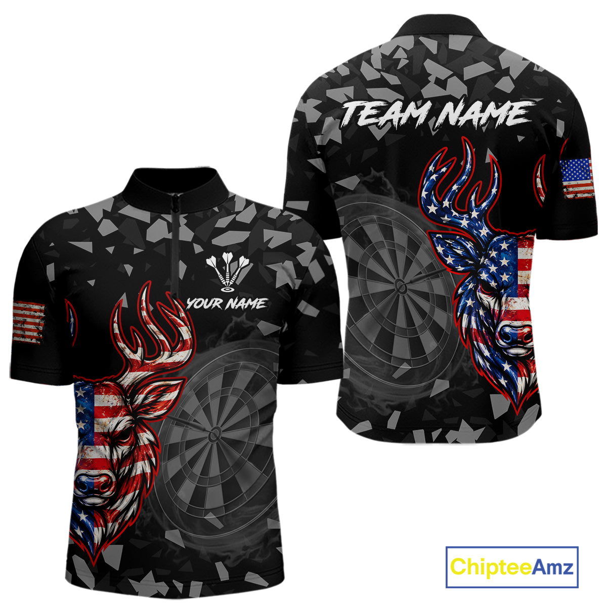 USA Flag Deer Dartboard Custom Grunge Men Darts Polo 1/4-Zip Shirt Patriotic Darts Team Jersey NYN4960