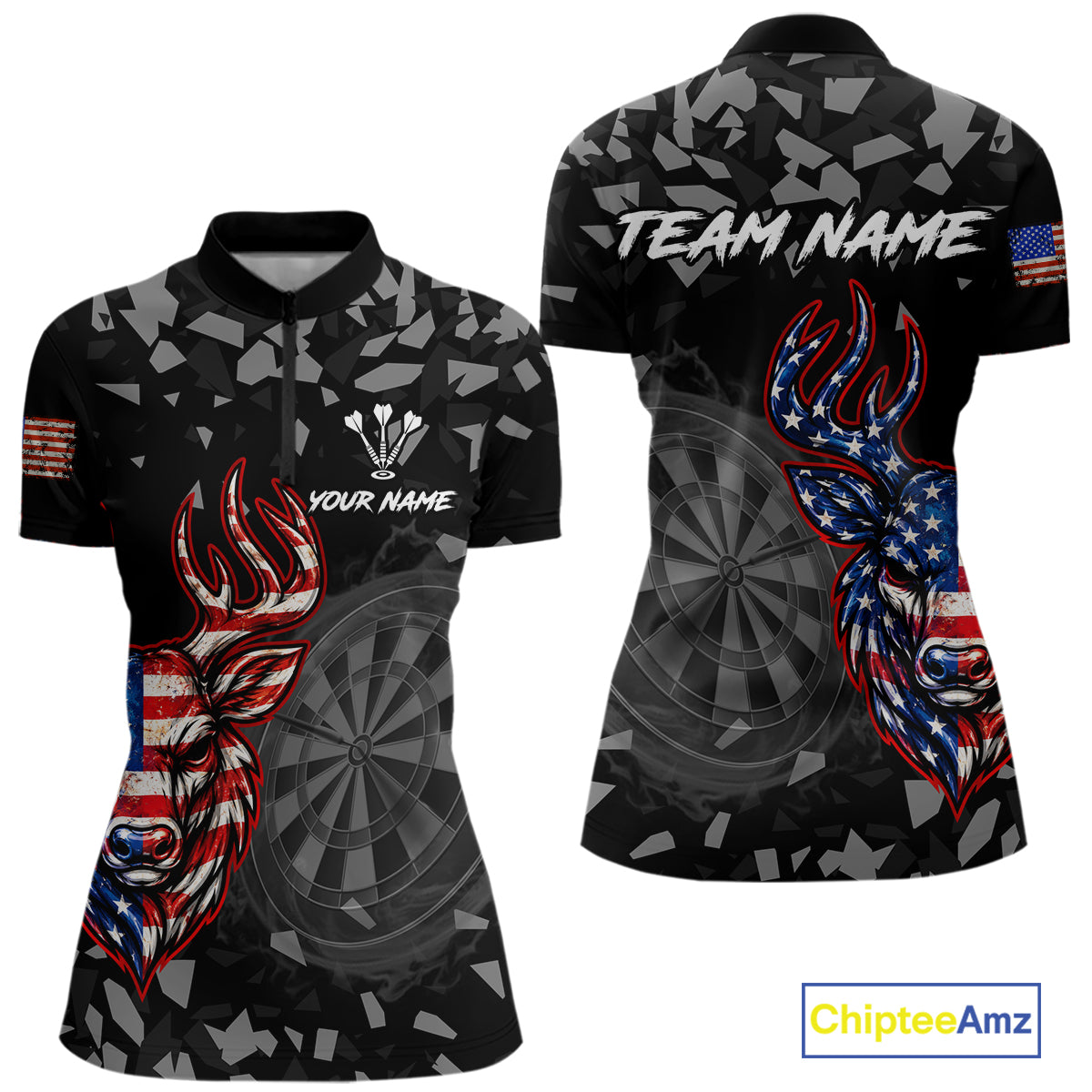 USA Flag Deer Dartboard Custom Grunge Women Darts Polo 1/4-Zip Shirt Patriotic Darts Team Jersey NYN4960