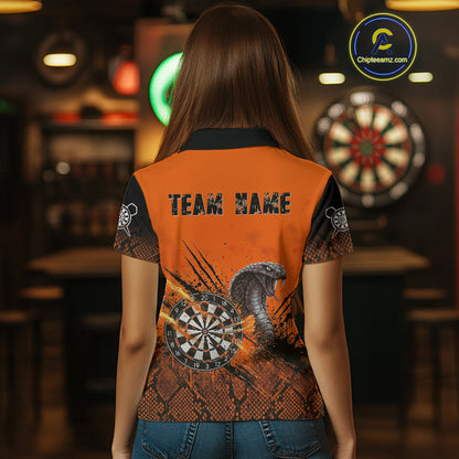 Black & Orange Leather Cobra Darts Custom Women Dart Polo Jersey Splatter Dart League Shirt NYN2046