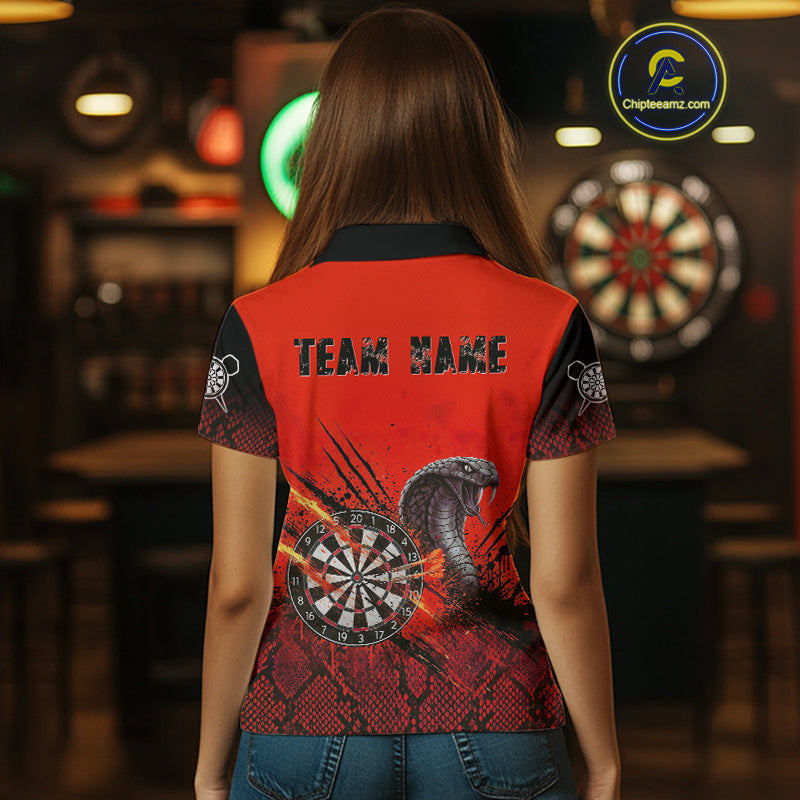 Black & Red Leather Cobra Darts Custom Women Dart Polo Jersey Splatter Dart League Shirt NYN2047