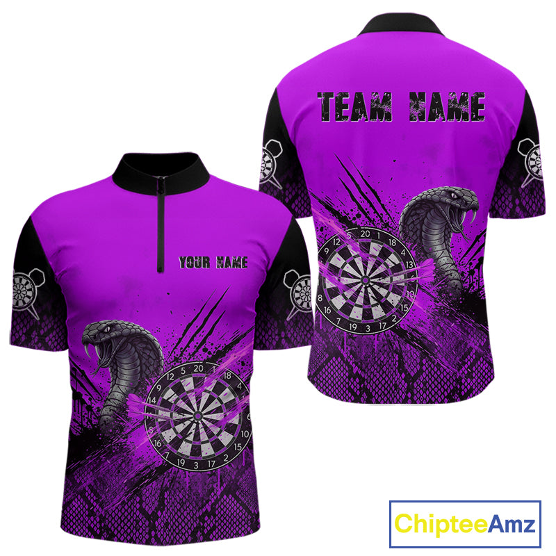 Black & Purple Leather Cobra Darts Custom Men Dart 1/4-Zip Jersey Splatter Dart League Shirt NYN2048