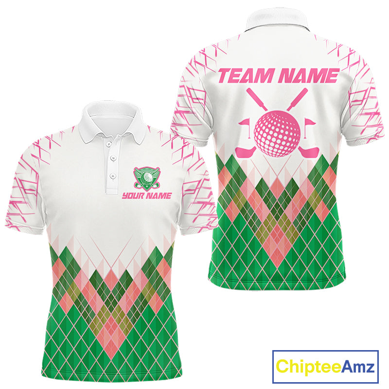 Mens Golf Clothing Green And Pink Argyle Pattern Golf Polo Shirt Custom Golf Upf Shirts NYN2930