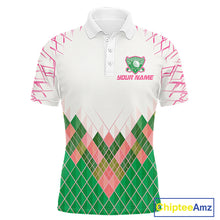 Load image into Gallery viewer, Mens Golf Clothing Green And Pink Argyle Pattern Golf Polo Shirt Custom Golf Upf Shirts NYN2930