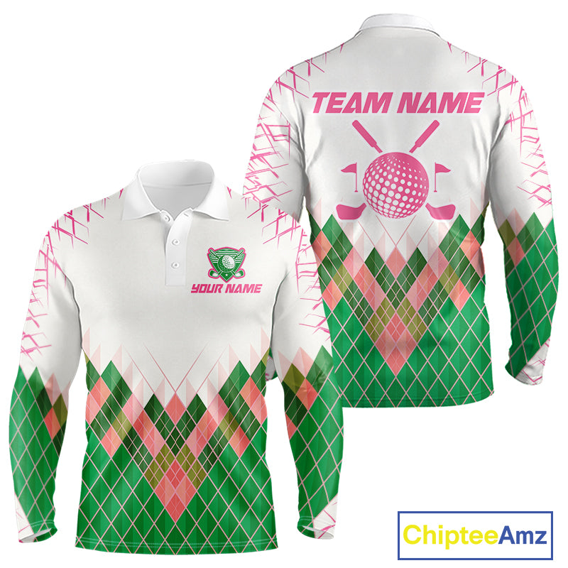 Mens Golf Clothing Green And Pink Argyle Pattern Golf Polo Shirt Custom Golf Upf Shirts NYN2930