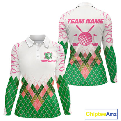 Women Golf Clothing Green And Pink Argyle Pattern Golf Polo Shirt Custom Golf Upf Shirts NYN2930