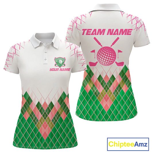 Women Golf Clothing Green And Pink Argyle Pattern Golf Polo Shirt Custom Golf Upf Shirts NYN2930