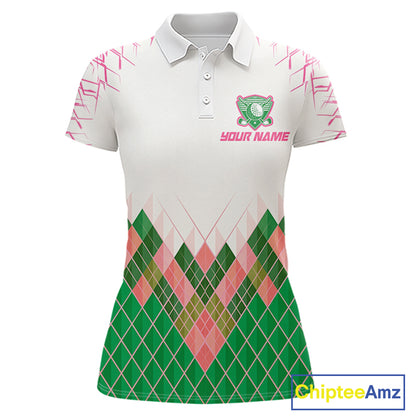 Women Golf Clothing Green And Pink Argyle Pattern Golf Polo Shirt Custom Golf Upf Shirts NYN2930