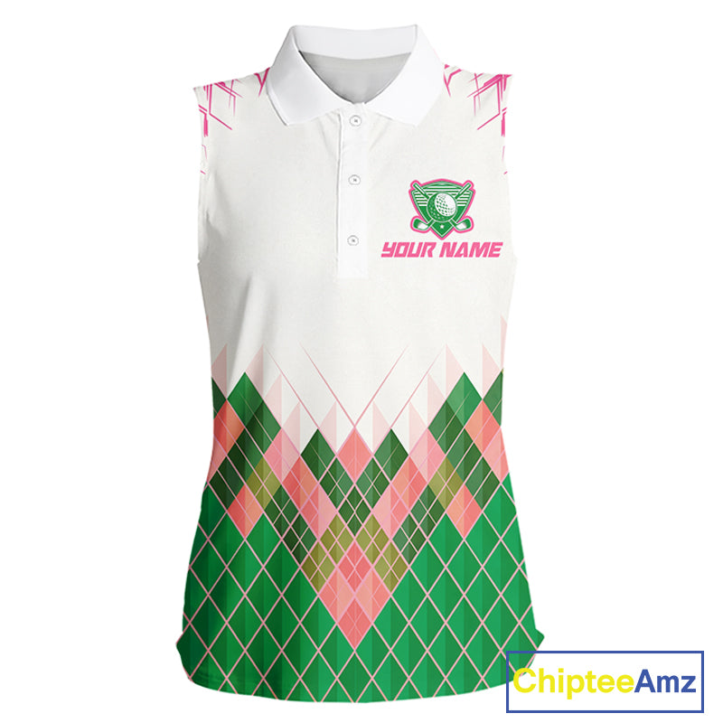 Women Golf Clothing Green And Pink Argyle Pattern Sleeveless Golf Polo Shirt Custom Golf Upf Shirts NYN2930