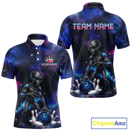 Space Alien Men's Bowling Polo Shirt, Personalized Galaxy Bowling League Jersey, UFO Athletic Apparel