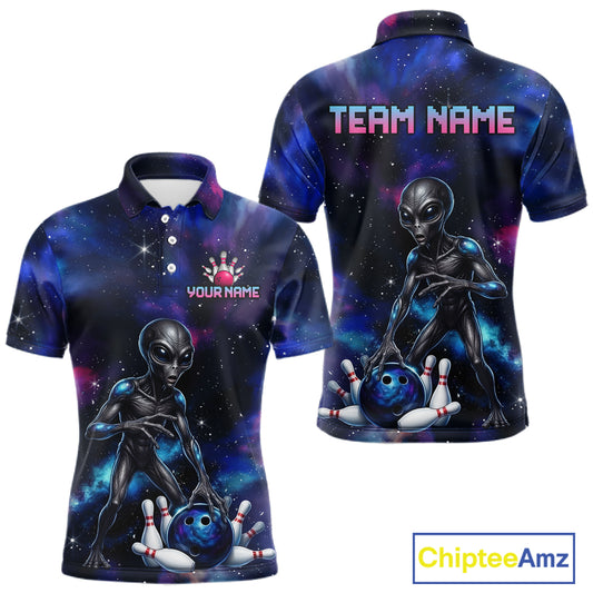 Space Alien Men's Bowling Polo Shirt, Personalized Galaxy Bowling League Jersey, UFO Athletic Apparel