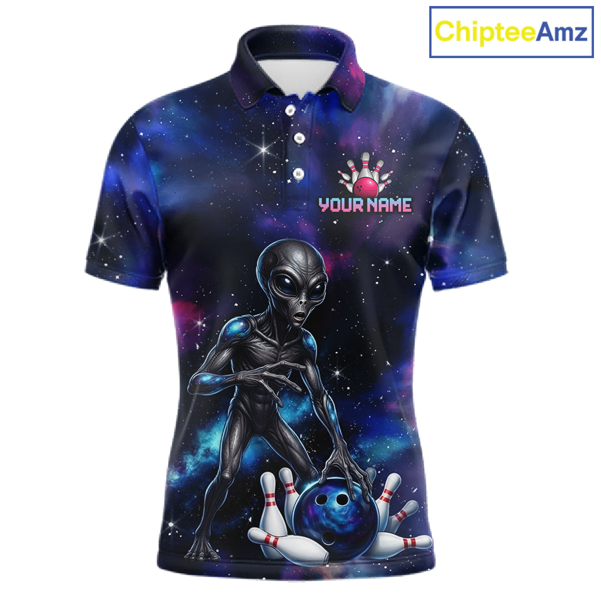 Space Alien Men's Bowling Polo Shirt, Personalized Galaxy Bowling League Jersey, UFO Athletic Apparel